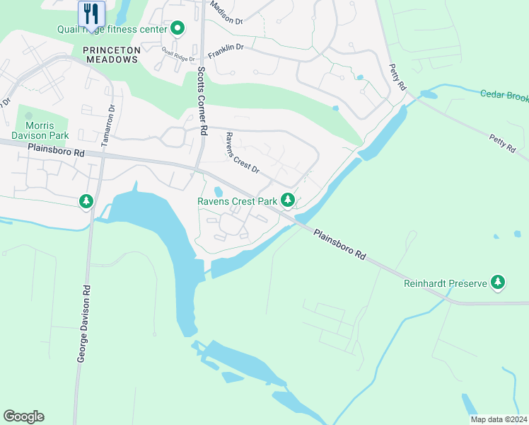 map of restaurants, bars, coffee shops, grocery stores, and more near 208 Aspen Drive in Princeton Meadows