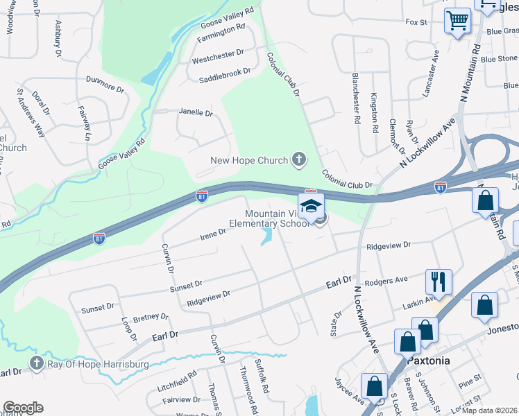 map of restaurants, bars, coffee shops, grocery stores, and more near 410 Village Road in Harrisburg