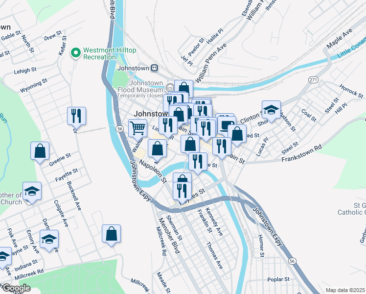map of restaurants, bars, coffee shops, grocery stores, and more near 231-299 Gazebo Park in Johnstown