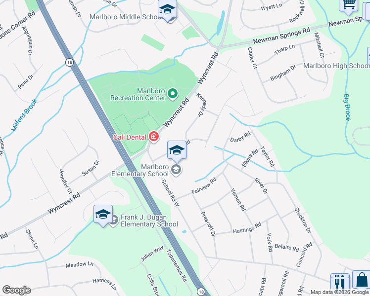 map of restaurants, bars, coffee shops, grocery stores, and more near 10 Liberty Road in Marlboro Township