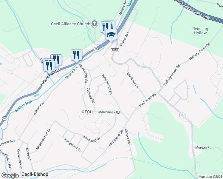 map of restaurants, bars, coffee shops, grocery stores, and more near 65 Belgium Hill Road in Cecil-Bishop