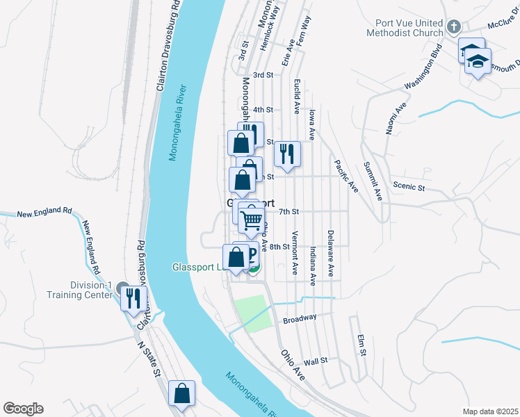 map of restaurants, bars, coffee shops, grocery stores, and more near 642 Ohio Ave in Glassport
