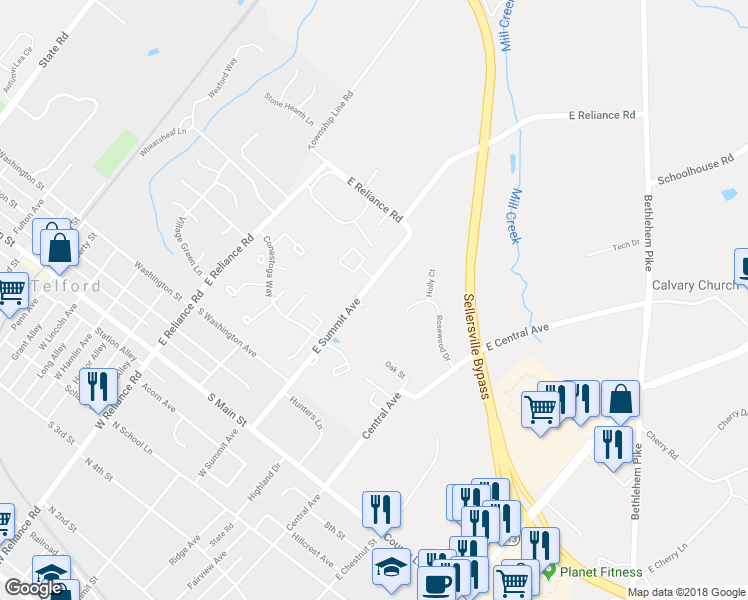 map of restaurants, bars, coffee shops, grocery stores, and more near 320 East Summit Avenue in Telford