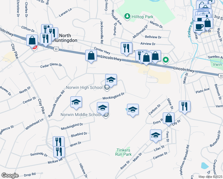 map of restaurants, bars, coffee shops, grocery stores, and more near 251 McMahon Drive in North Huntingdon