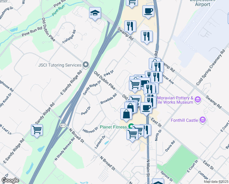 map of restaurants, bars, coffee shops, grocery stores, and more near 2 Broadale Road in Doylestown