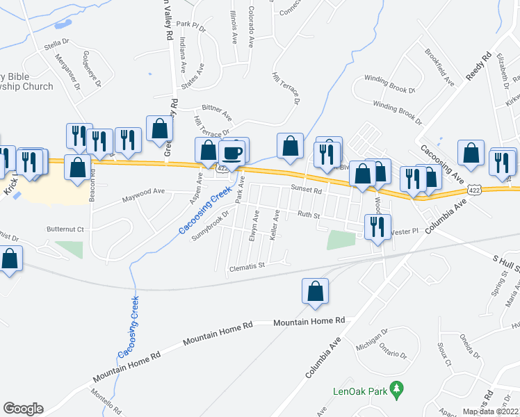 map of restaurants, bars, coffee shops, grocery stores, and more near 109 Elwyn Avenue in Sinking Spring