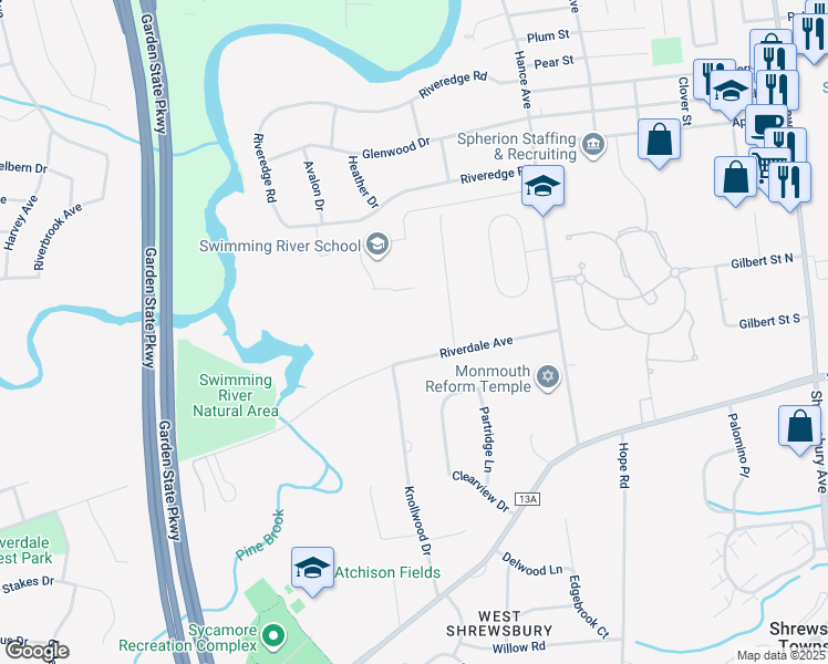 map of restaurants, bars, coffee shops, grocery stores, and more near 73 Riverdale Avenue East in Tinton Falls