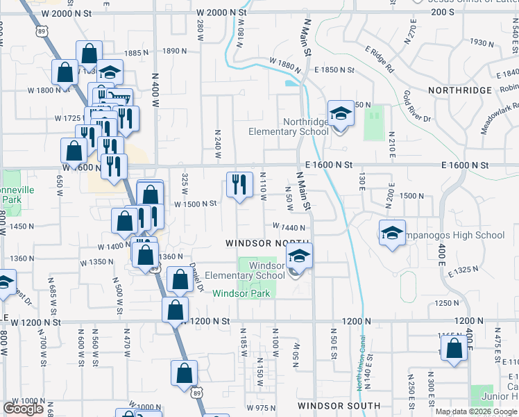 map of restaurants, bars, coffee shops, grocery stores, and more near 1489 North 110 West Street in Orem