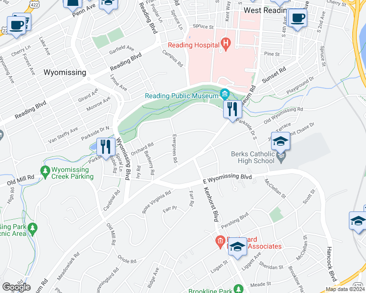 map of restaurants, bars, coffee shops, grocery stores, and more near 1201 Museum Road in Reading
