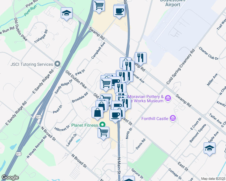 map of restaurants, bars, coffee shops, grocery stores, and more near 73 Old Dublin Pike in Doylestown