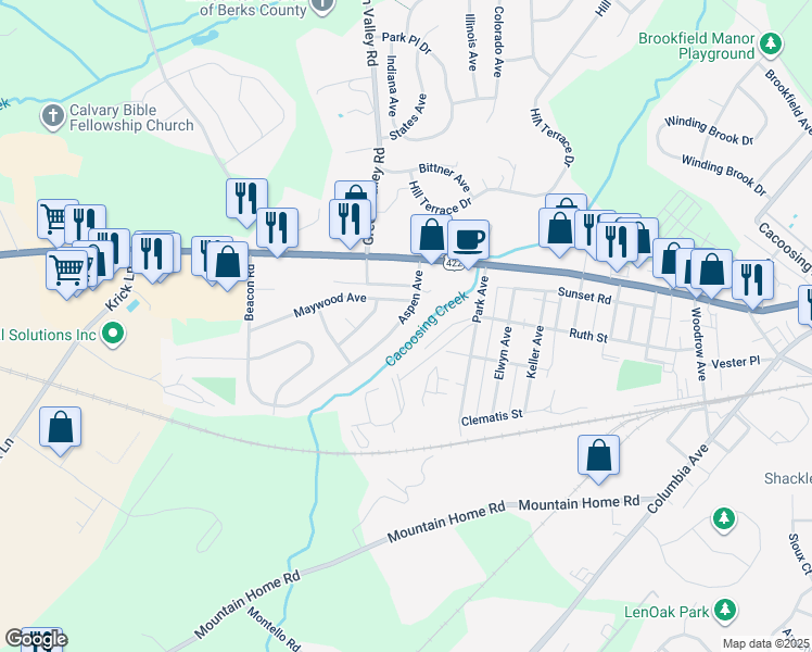 map of restaurants, bars, coffee shops, grocery stores, and more near 103 Aspen Avenue in Sinking Spring