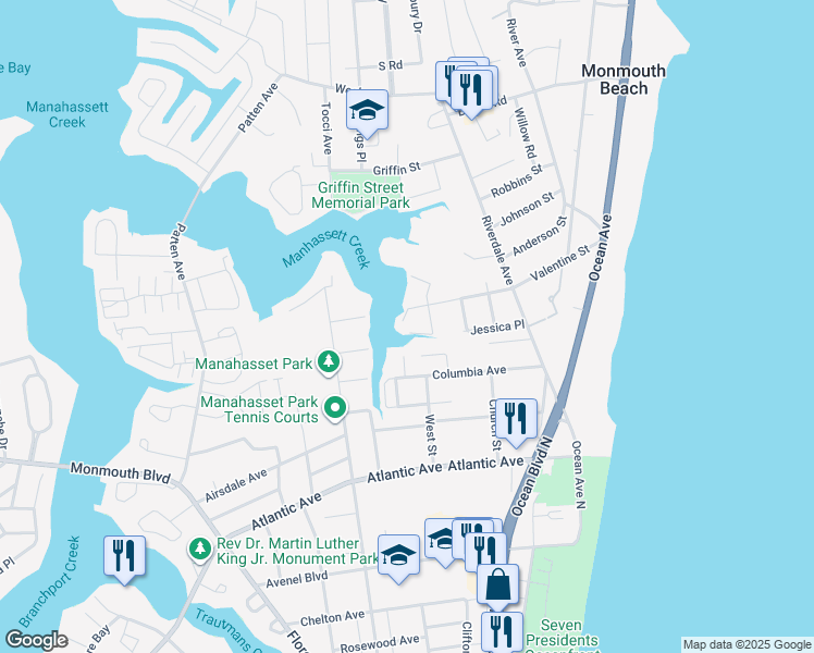 map of restaurants, bars, coffee shops, grocery stores, and more near 50 Valentine Street in Monmouth Beach