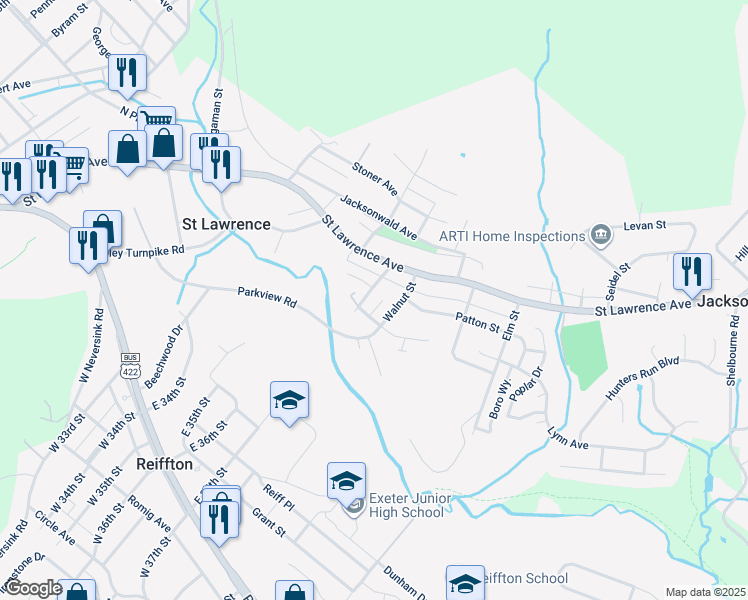 map of restaurants, bars, coffee shops, grocery stores, and more near 43 Brumbach Street in Reading