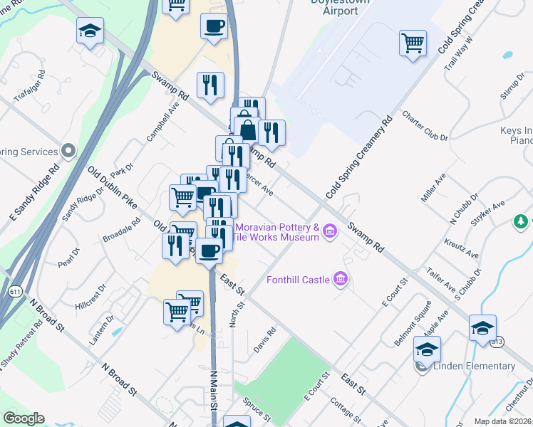 map of restaurants, bars, coffee shops, grocery stores, and more near 43 Chapman Avenue in Doylestown