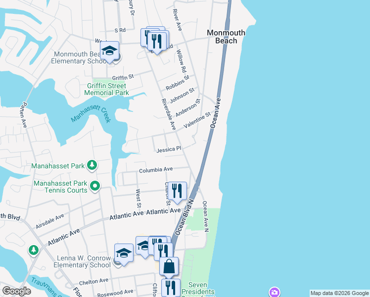map of restaurants, bars, coffee shops, grocery stores, and more near 5 Cook Street in Monmouth Beach