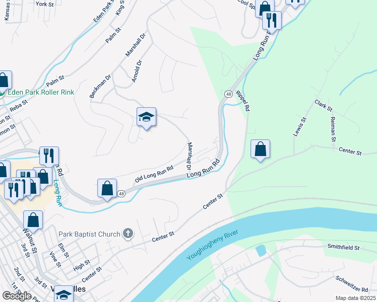 map of restaurants, bars, coffee shops, grocery stores, and more near 512 Marshall Drive in McKeesport