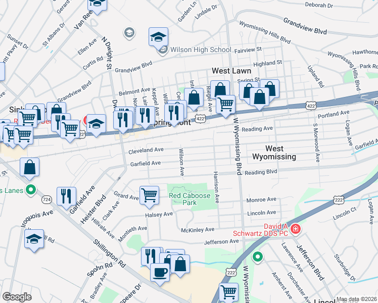 map of restaurants, bars, coffee shops, grocery stores, and more near 2442 Cleveland Avenue in West Lawn