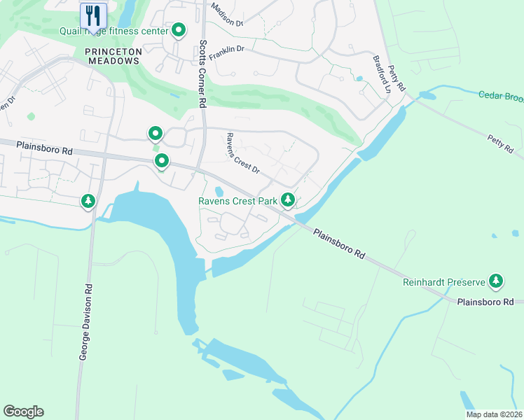 map of restaurants, bars, coffee shops, grocery stores, and more near 202 Aspen Drive in Plainsboro Township