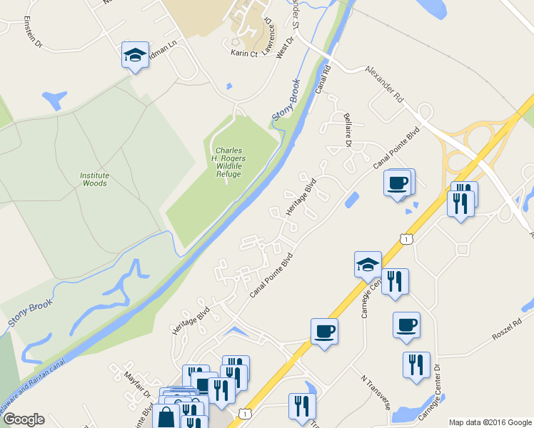 map of restaurants, bars, coffee shops, grocery stores, and more near 16 Aldgate Court in Princeton