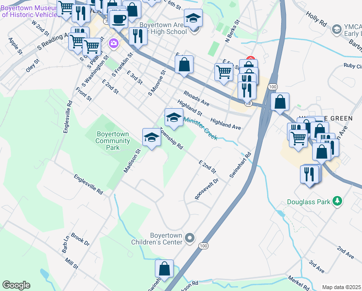 map of restaurants, bars, coffee shops, grocery stores, and more near 761 East 2nd Street in Boyertown