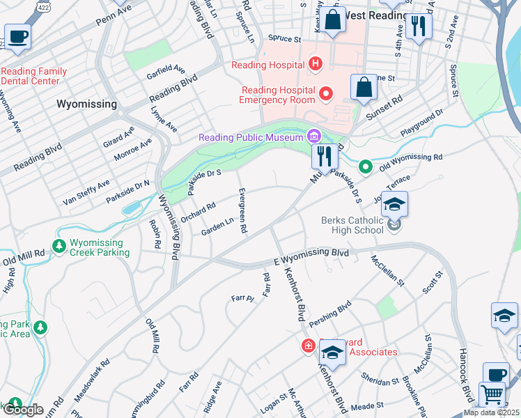 map of restaurants, bars, coffee shops, grocery stores, and more near 1201 Museum Road in Reading