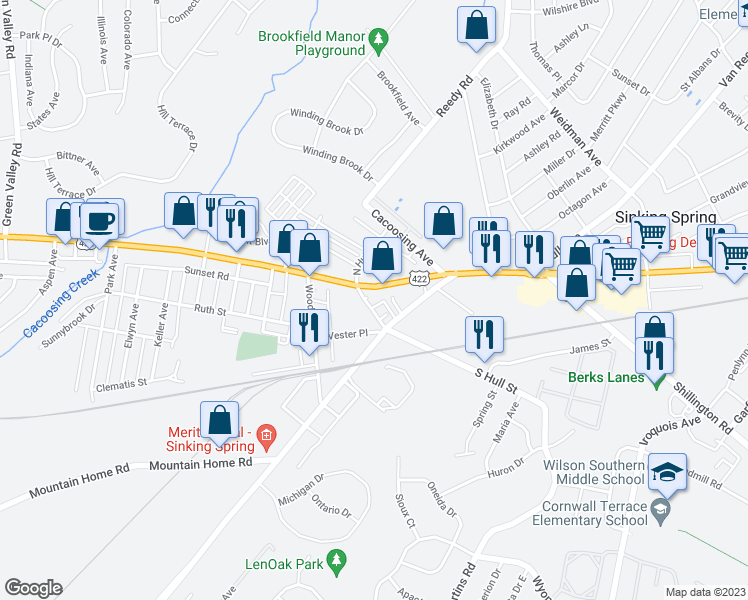 map of restaurants, bars, coffee shops, grocery stores, and more near 575 Columbia Avenue in Sinking Spring