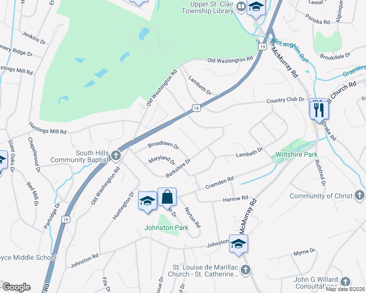 map of restaurants, bars, coffee shops, grocery stores, and more near 2416 Broadlawn Drive in Pittsburgh
