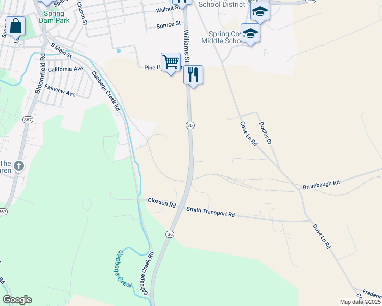 map of restaurants, bars, coffee shops, grocery stores, and more near 873 Woodbury Pike in Roaring Spring