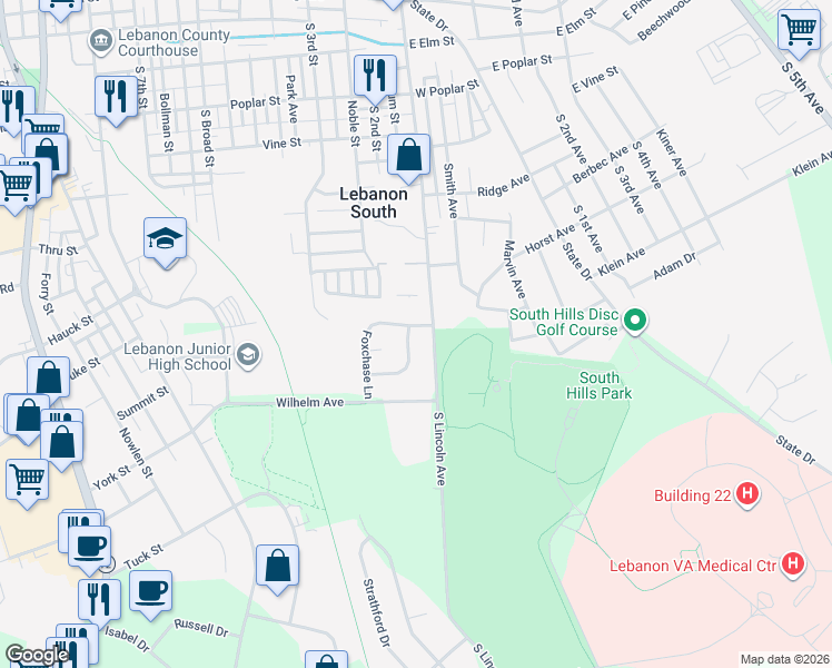 map of restaurants, bars, coffee shops, grocery stores, and more near 3 Southfield Road in Lebanon