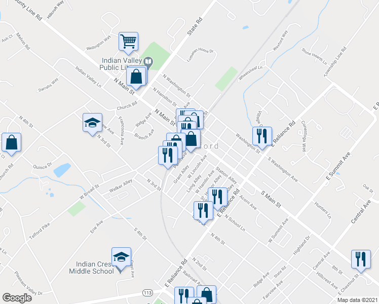 map of restaurants, bars, coffee shops, grocery stores, and more near 126 Penn Avenue in Telford