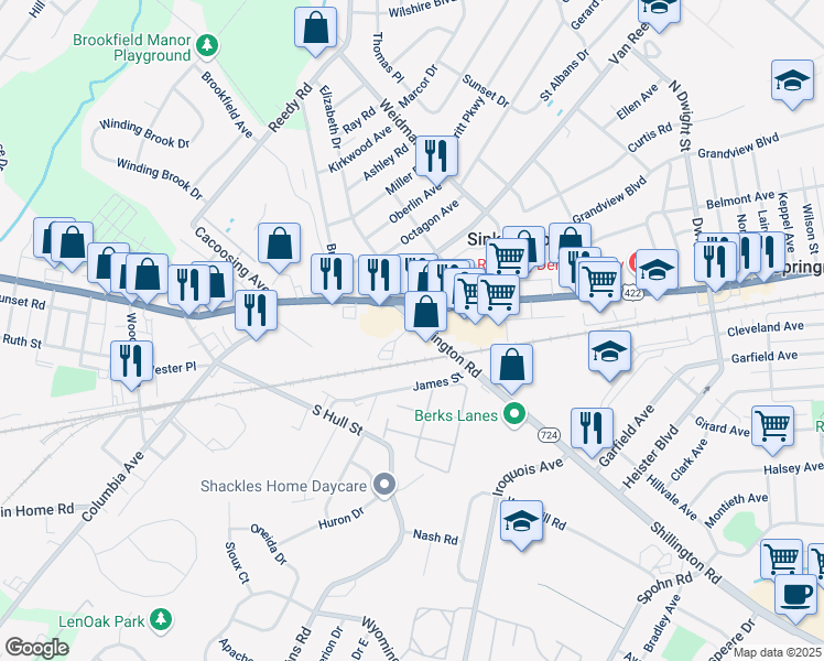map of restaurants, bars, coffee shops, grocery stores, and more near 36 Shillington Road in Sinking Spring