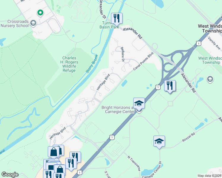map of restaurants, bars, coffee shops, grocery stores, and more near 8 Colebrook Court in Princeton