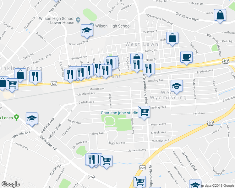 map of restaurants, bars, coffee shops, grocery stores, and more near 2442 Cleveland Avenue in West Lawn