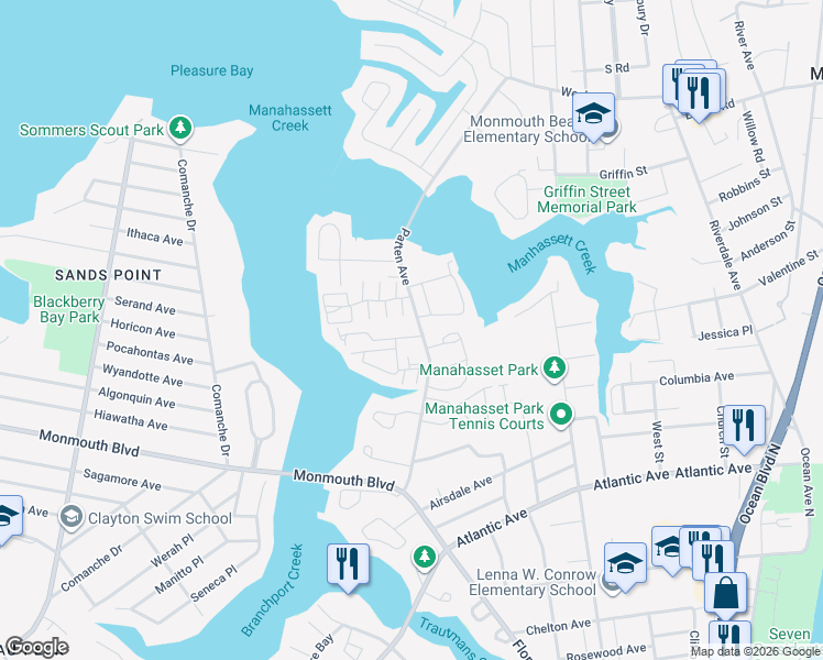 map of restaurants, bars, coffee shops, grocery stores, and more near 7 Rivergate Way in Long Branch