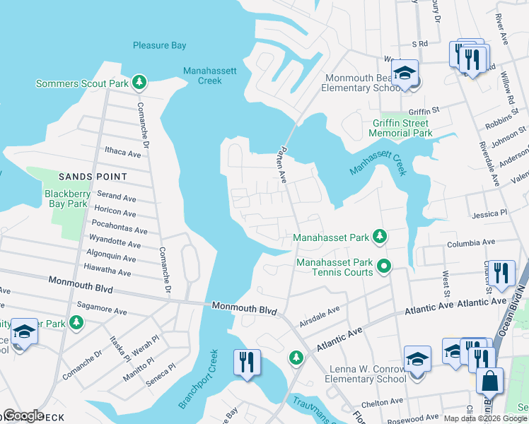 map of restaurants, bars, coffee shops, grocery stores, and more near 19 Rivergate Way in Long Branch