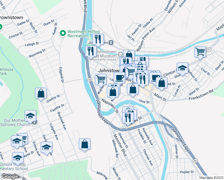 map of restaurants, bars, coffee shops, grocery stores, and more near 301 Market Street in Johnstown