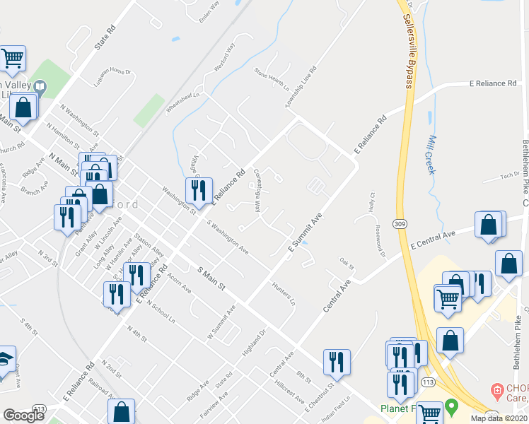 map of restaurants, bars, coffee shops, grocery stores, and more near 100 Washington Court in Telford