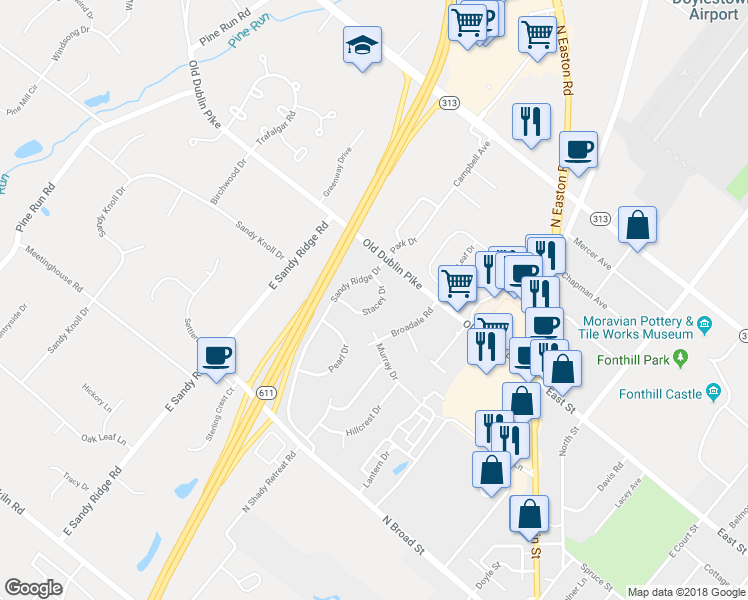 map of restaurants, bars, coffee shops, grocery stores, and more near 9 Stacey Drive in Doylestown