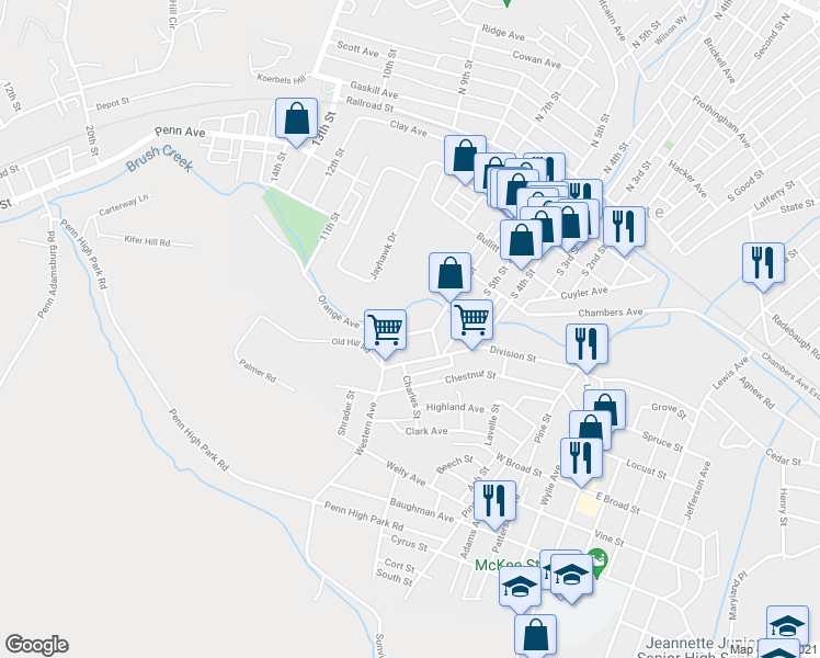 map of restaurants, bars, coffee shops, grocery stores, and more near 625 South 6th Street in Jeannette