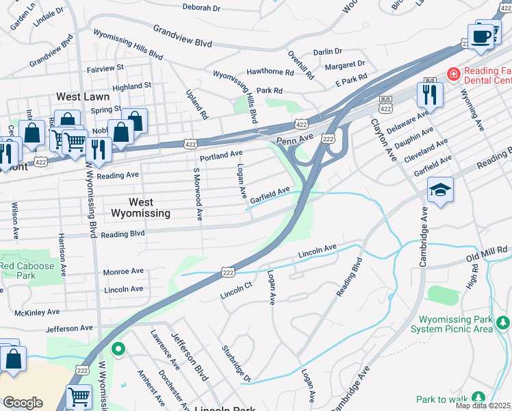 map of restaurants, bars, coffee shops, grocery stores, and more near 307 Logan Avenue in West Lawn