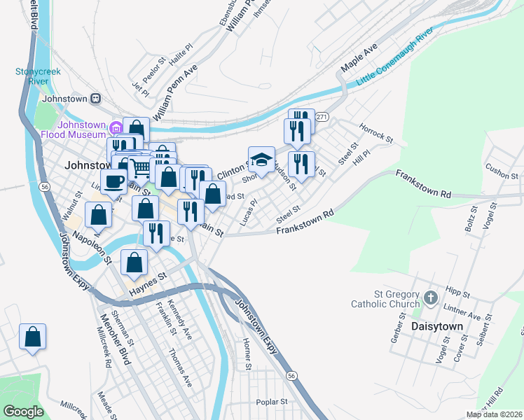 map of restaurants, bars, coffee shops, grocery stores, and more near 116 Kingston Alley in Johnstown