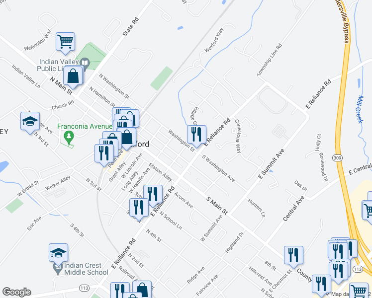 map of restaurants, bars, coffee shops, grocery stores, and more near 50 East Madison Avenue in Telford