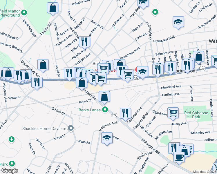 map of restaurants, bars, coffee shops, grocery stores, and more near 35 Queen Street in Reading