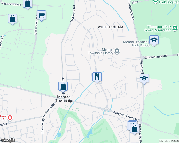 map of restaurants, bars, coffee shops, grocery stores, and more near 41 Leeds Lane in Monroe Township
