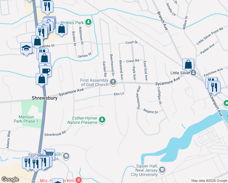 map of restaurants, bars, coffee shops, grocery stores, and more near 117 Elm Lane in Shrewsbury
