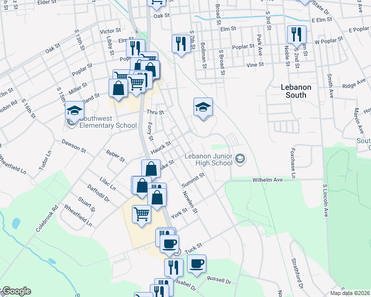 map of restaurants, bars, coffee shops, grocery stores, and more near 1103 Cornwall Road in Lebanon