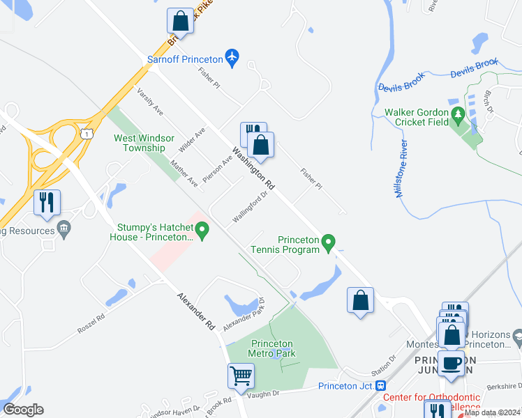 map of restaurants, bars, coffee shops, grocery stores, and more near 7 Wallingford Drive in Princeton