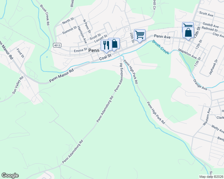 map of restaurants, bars, coffee shops, grocery stores, and more near 203 Penn Adamsburg Road in Penn