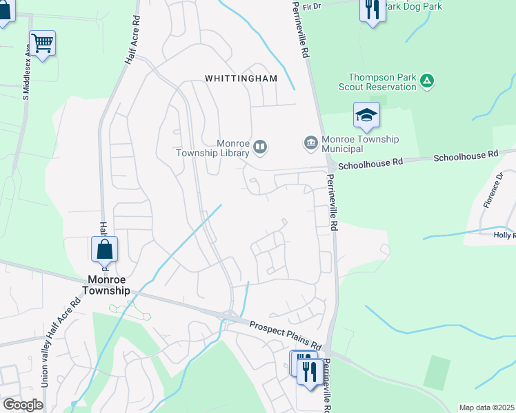 map of restaurants, bars, coffee shops, grocery stores, and more near 94 Winthrop Road in Monroe Township