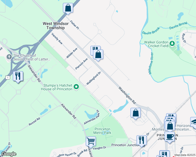 map of restaurants, bars, coffee shops, grocery stores, and more near 7 Wallingford Drive in Princeton